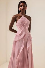 Double Tie Design Halter Spaghetti Strap  Ruched Asymmetrical Hem Dress