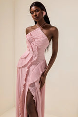 Double Tie Design Halter Spaghetti Strap  Ruched Asymmetrical Hem Dress