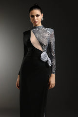 High-Neck Long-Sleeve Leopard Mesh Splicing Rhinestone Floral Appliqué Side Slit Dress