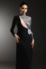 High-Neck Long-Sleeve Leopard Mesh Splicing Rhinestone Floral Appliqué Side Slit Dress