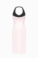 Halter Black-and-Pink Paneled Satin Midi Dress