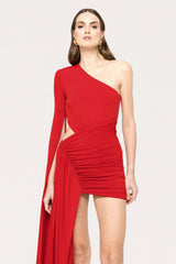 Asymmetric One-Shoulder Waist-Cutout Ruched Draped Mini Dress