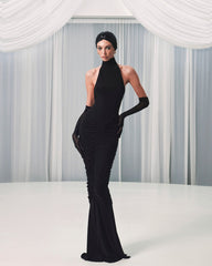 High-Neck Sleeveless Backless Ruched Black Maxi Dress