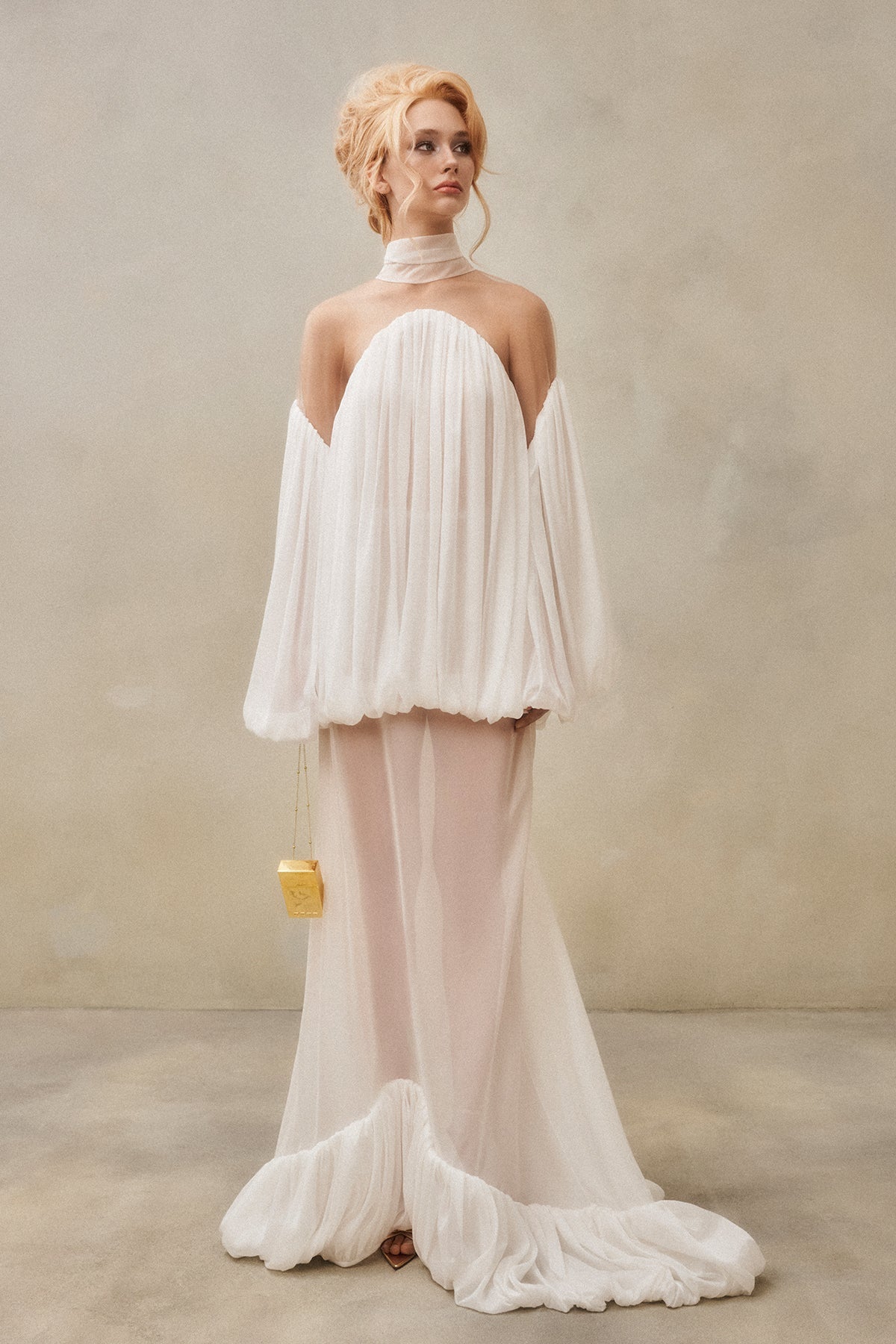 Mesh-Panel High-Neck Draped Double-Layer Dress