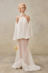 Mesh-Panel High-Neck Draped Double-Layer Dress