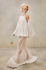 Mesh-Panel High-Neck Draped Double-Layer Dress