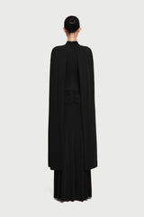 Cape-Drape High-Neck Sleeveless Ruched Knit Dress
