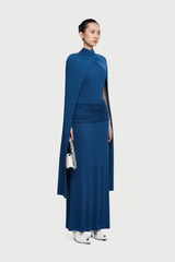 Cape-Drape High-Neck Sleeveless Ruched Knit Dress