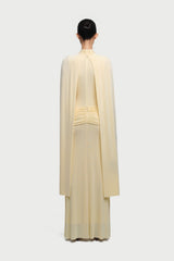 Cape-Drape High-Neck Sleeveless Ruched Knit Dress