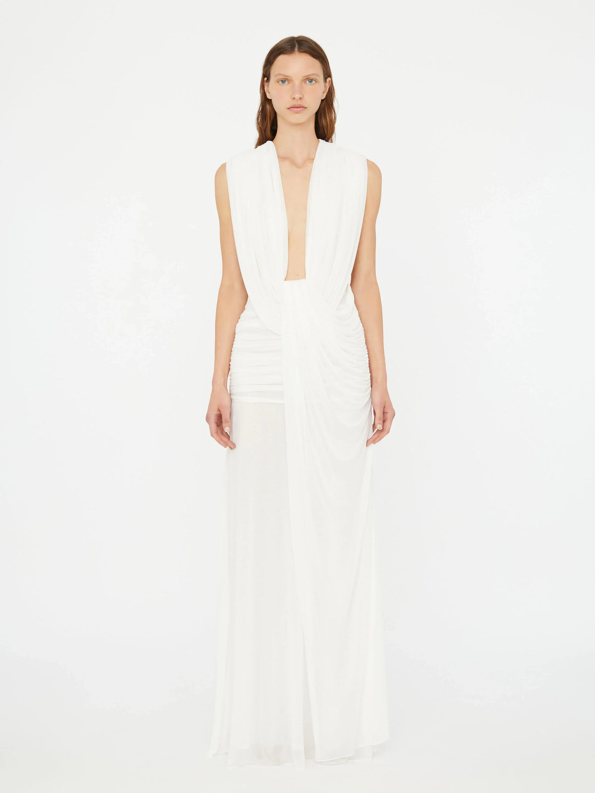 Plunge V-Neck Hooded with Draped Twist-Knot Waist Dress