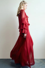 Chiffon Ruffle Collar Long Sleeve Blouse and Maxi Skirt Set