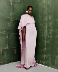Crew-Neck Cape-Style V-Back Satin Evening Gown