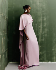 Crew-Neck Cape-Style V-Back Satin Evening Gown