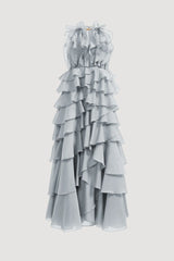 Tiered Ruffle Sleeveless V-Neck Metal-Detail Dusty Blue Resort Dress