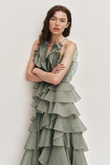 Tiered Ruffle Sleeveless V-Neck Metal-Detail Pale Moss Green Resort Dress