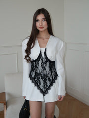 V-Neck Lace-Splicing Blazer-Style Long-Sleeve Mini Dress
