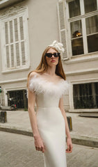 Lena Feather Trimmed Midi Dress White