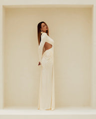 High-Neck  Waist Cut-Out  Ruched Maxi Dress