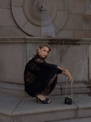 V-Neck Front-Center Cut-Out Set-In -Sleeve Ruched Cocoon Lace Dress