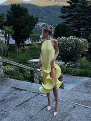 Sleeveless Pleated Tie-Hem Horsehair-Trim Dress