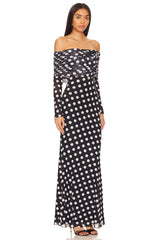 Off-Shoulder Long-Sleeve Polka-Dot Mermaid Dress