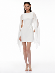 Draped Boat-Neck Sleeveless 3D Floral-Waist Mini Dress