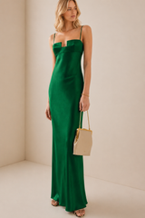 Spaghetti Strap Deconstructed-Bust Backless Acetate Satin/ Mulberry Silk Green Evening Gown