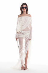 Off-shoulder draped sheer dress