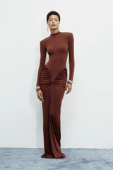Mid-Neck Long-Sleeve Ruched Dress