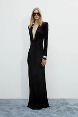 Deep V-Neck Long-Sleeve  Waist Ruches Dress