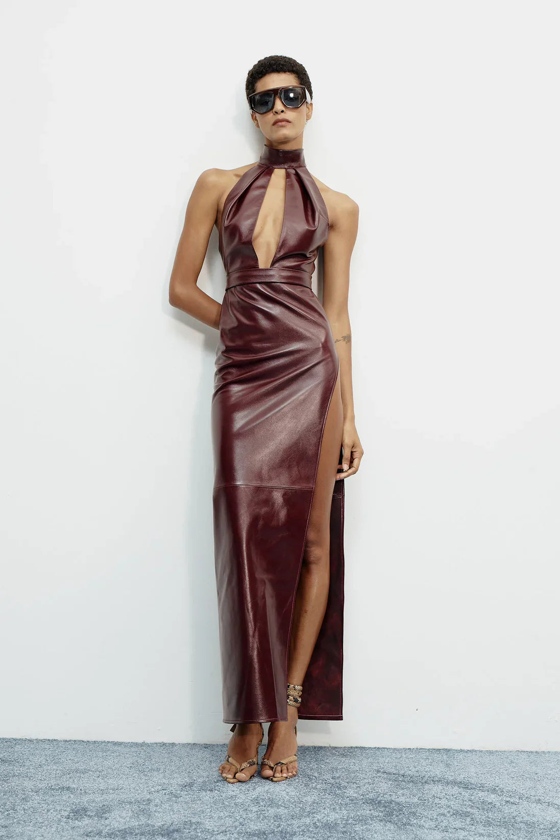 High Neck Sleeveless Front Cut-Out Leather Dress