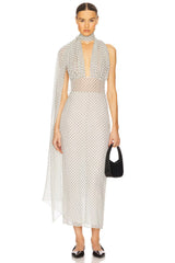 Scarf-Style Deep V-Neck Sleeveless Backless Polka-Dot Chiffon Back-Slit Dress