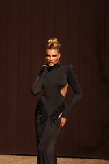 High-Neck  Waist Cut-Out  Ruched Maxi Dress
