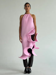 Sleeveless Pleated Tie-Hem Horsehair-Trim Pink Dress