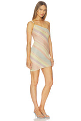 One-Shoulder Multicolor Striped Metallic-Thread Knit Mini Dress