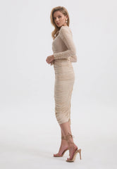 Floral-appliqué ruched skirt set in beige