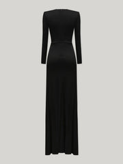Deep V-Neck Long-Sleeve  Waist Ruches Dress