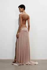 Choker-Style Deep V-Neck High-Slit Ruched Full-Crystal Dress