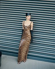 Two-Piece Sequin Leopard Spaghetti Strap Dress with Pullover Cape