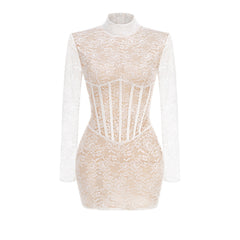 High-Neck Long-Sleeve Corset-Inspired Lace Mini Dress