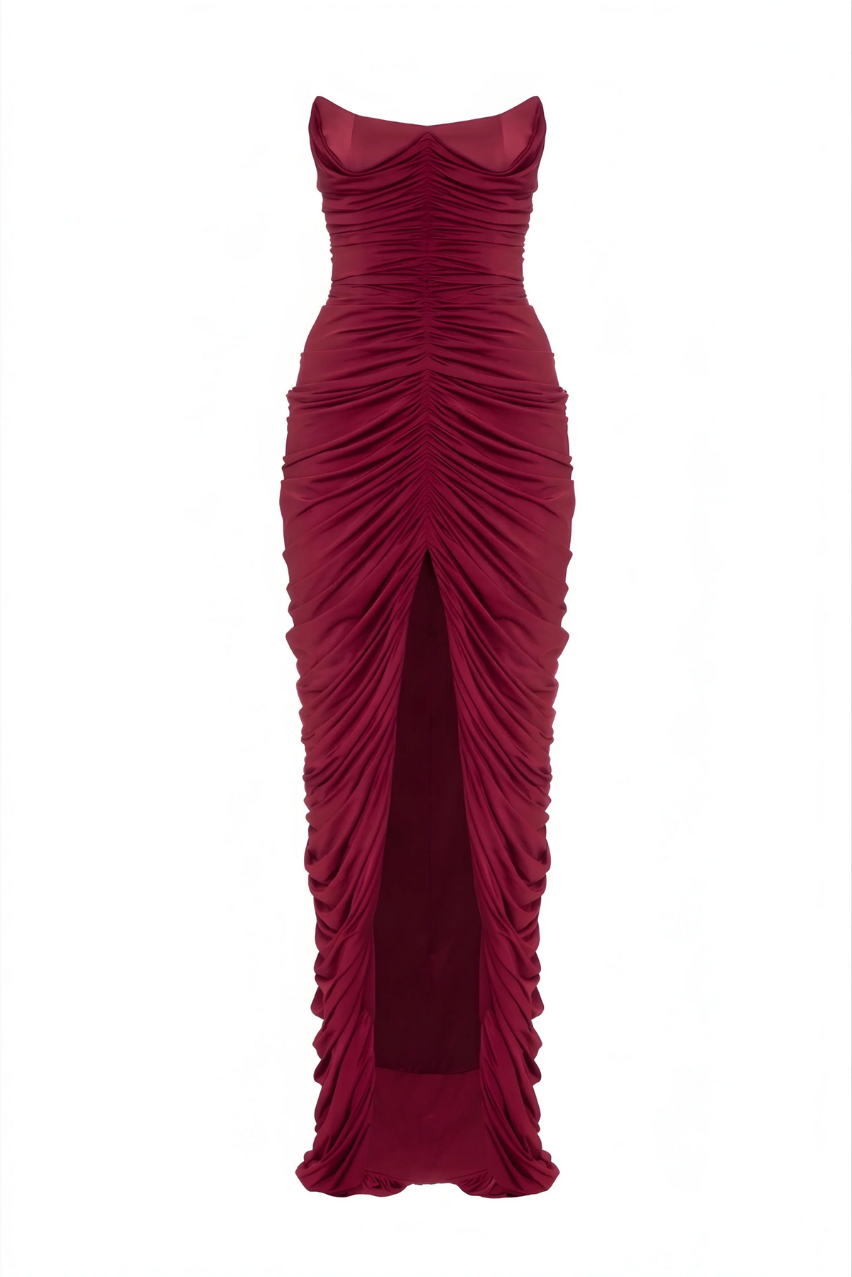 Strapless Front-Center Ruched Slit Evening Gown