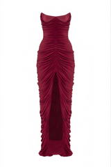Strapless Front-Center Ruched Slit Evening Gown