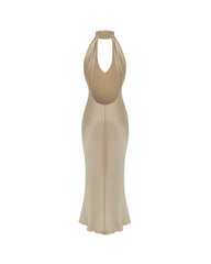 High-Neck Deep-V Backless Satin Dress