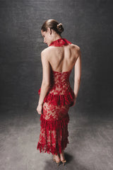 Lace midi dress with ruffles