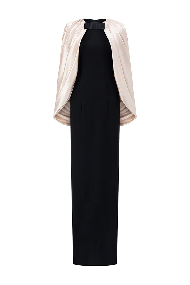 Satin Cape-Style Neckline Bow-Detail Maxi Evening Gown