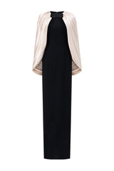 Satin Cape-Style Neckline Bow-Detail Maxi Evening Gown