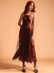 Halter Neck Sleeveless Fitted Fringed Wrap Dress
