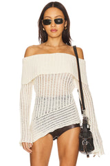 Off-Shoulder Long-Sleeve Asymmetric-Hem Knit Sweater