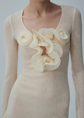 Round-Neck Long-Sleeve 3D Pull-Flower Textured Dress