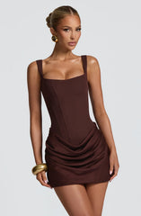 Plum brown Spaghetti Strap Square-Neck Corset-Style Mini Dress